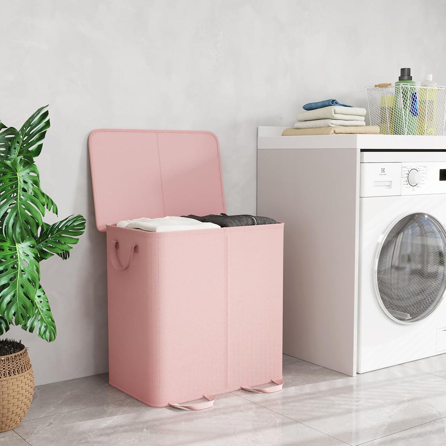image:imageLifewit Double Laundry Hamper with Lid and Removable Laundry Bags Large Collapsible 2 Dividers Dirty Clothes Basket with Handles for Bedroom Laundry Room Closet Bathroom College 136L GrayPink