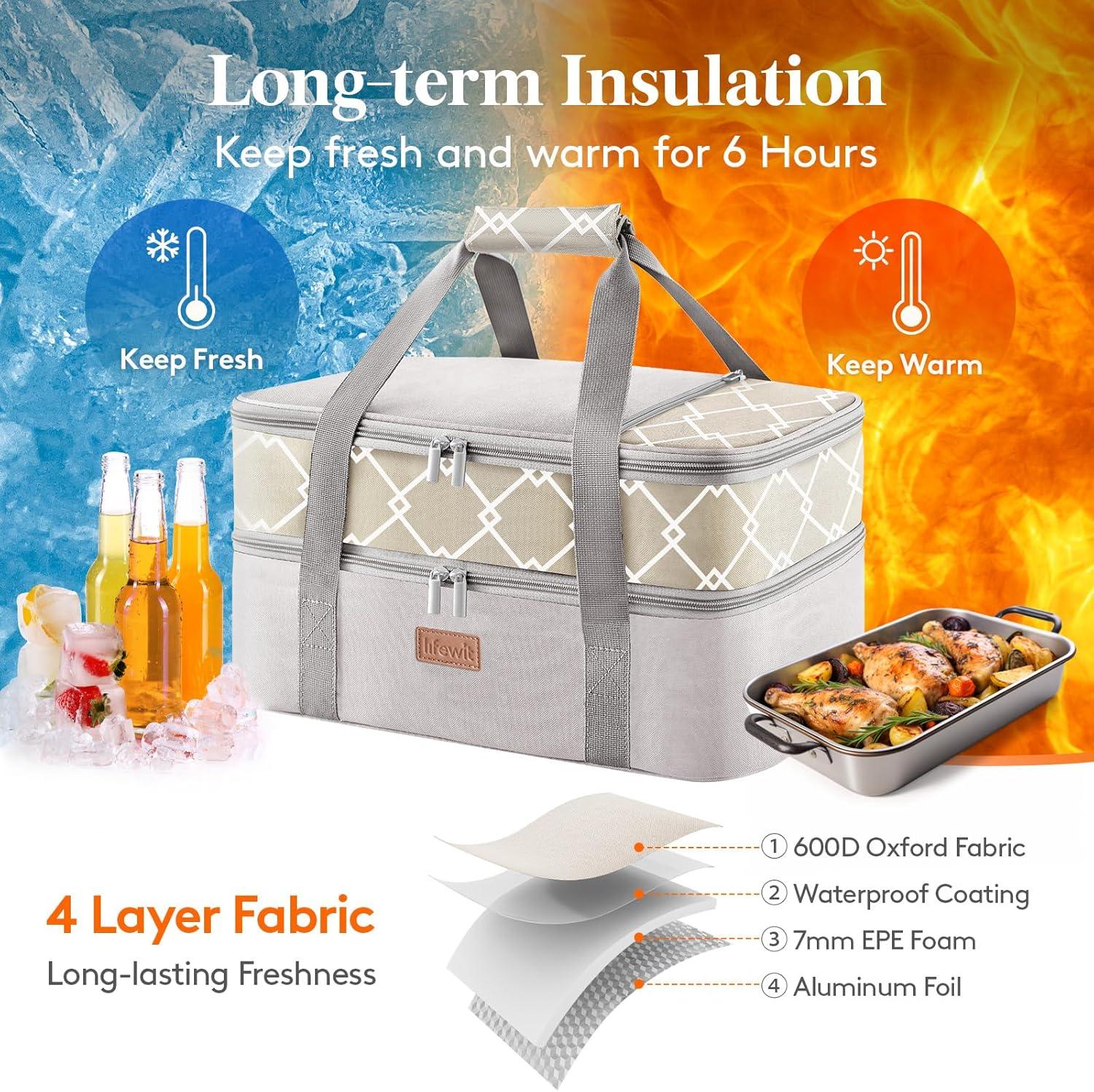 image:imageLifewit Insulated Single Decker Casserole Carrier Lasagna Lugger Holder for Hot or Cold Food Fits 9 x 13 Baking Dish Thermal Lunch Tote Bag for Potluck Parties Picnic and Cookouts BlackGray