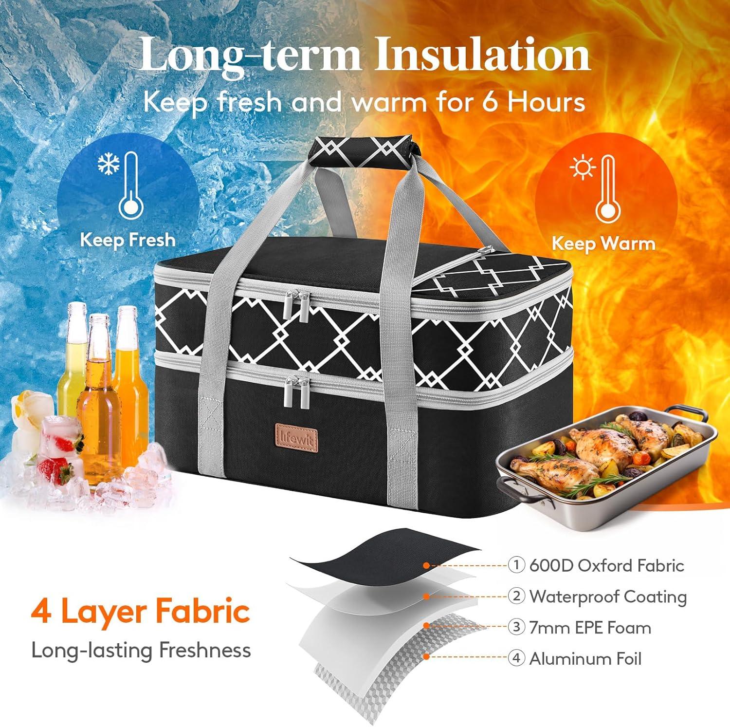 image:imageLifewit Insulated Single Decker Casserole Carrier Lasagna Lugger Holder for Hot or Cold Food Fits 9 x 13 Baking Dish Thermal Lunch Tote Bag for Potluck Parties Picnic and Cookouts BlackBlack