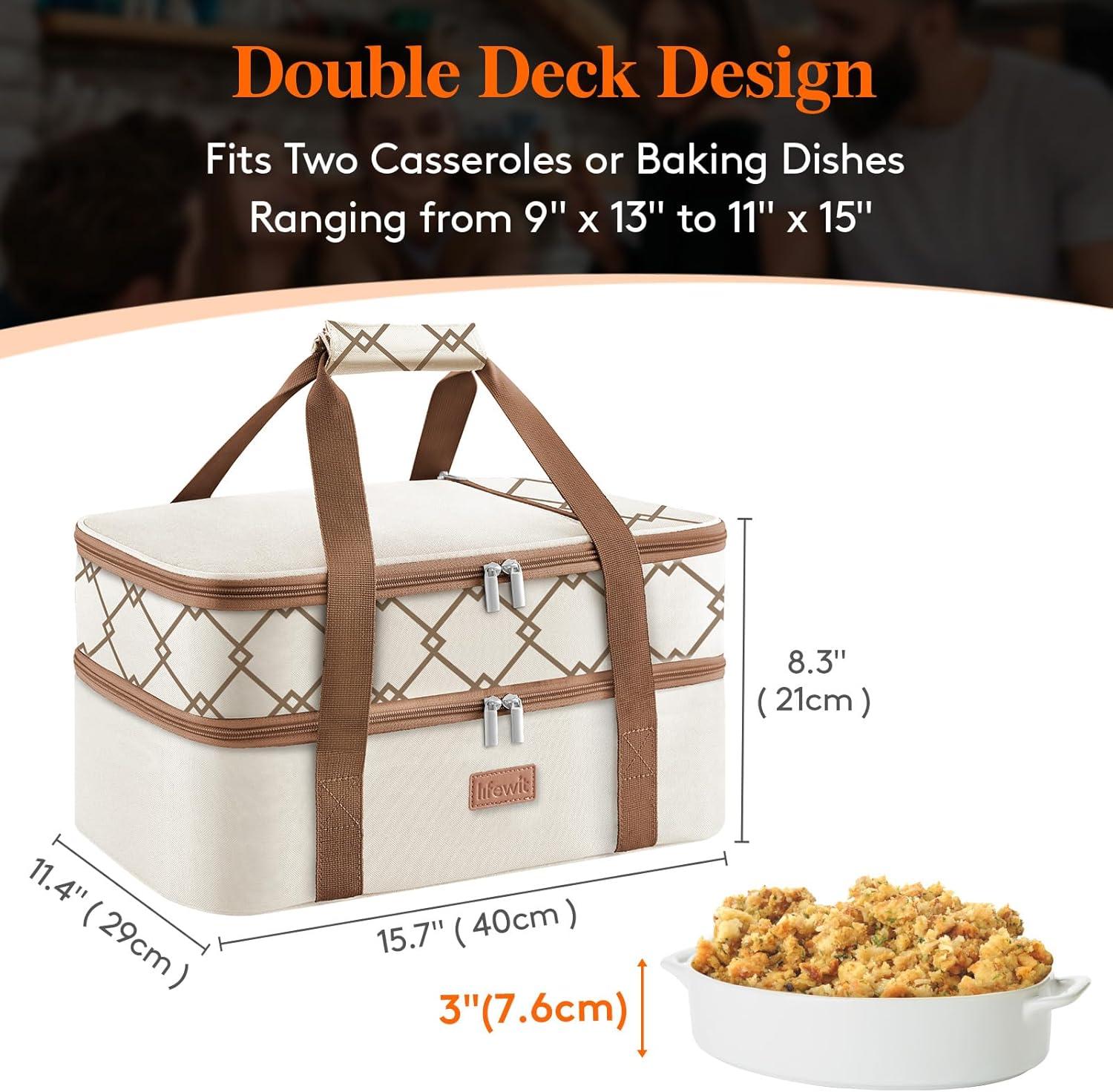image:imageLifewit Insulated Single Decker Casserole Carrier Lasagna Lugger Holder for Hot or Cold Food Fits 9 x 13 Baking Dish Thermal Lunch Tote Bag for Potluck Parties Picnic and Cookouts BlackBeige