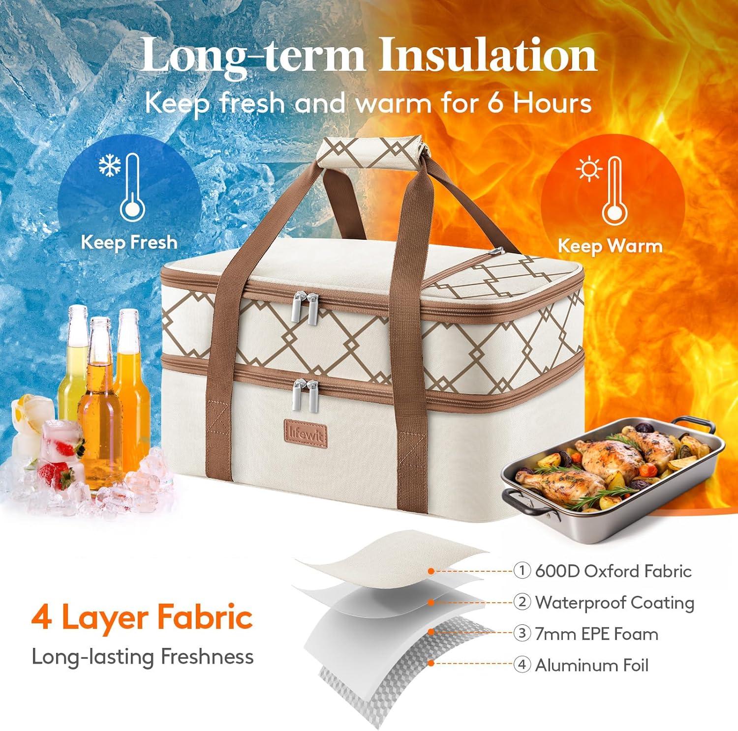 image:imageLifewit Insulated Single Decker Casserole Carrier Lasagna Lugger Holder for Hot or Cold Food Fits 9 x 13 Baking Dish Thermal Lunch Tote Bag for Potluck Parties Picnic and Cookouts BlackBeige