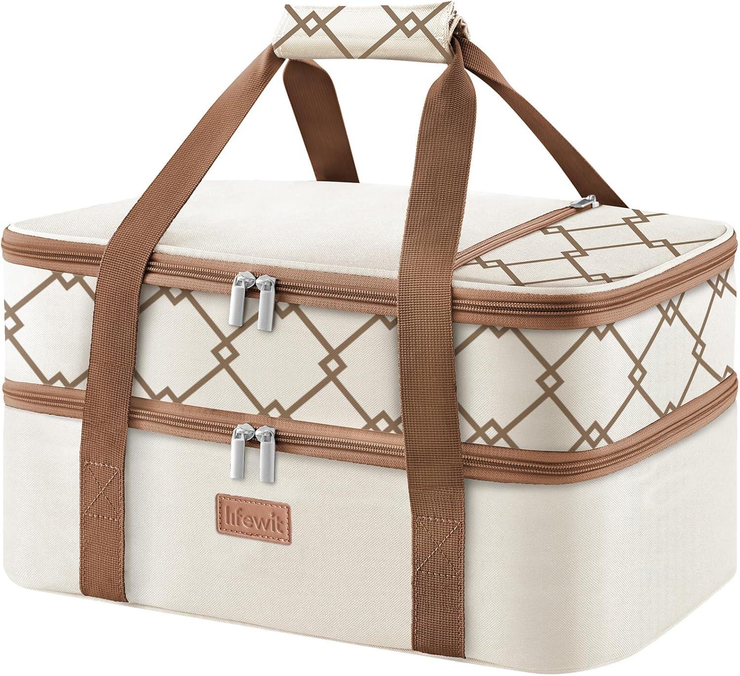 image:imageLifewit Insulated Single Decker Casserole Carrier Lasagna Lugger Holder for Hot or Cold Food Fits 9 x 13 Baking Dish Thermal Lunch Tote Bag for Potluck Parties Picnic and Cookouts BlackBeige