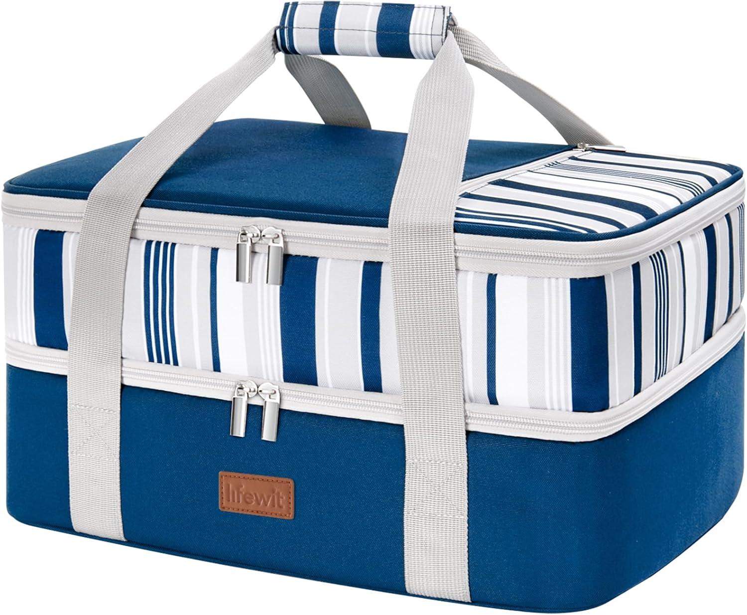 image:imageLifewit Insulated Single Decker Casserole Carrier for Hot or Cold Food Casserole Dish Carrying Case Lasagna Holder for Potluck Parties Picnic and Cookouts Fits 9x13 Baking Dish GreyBlue