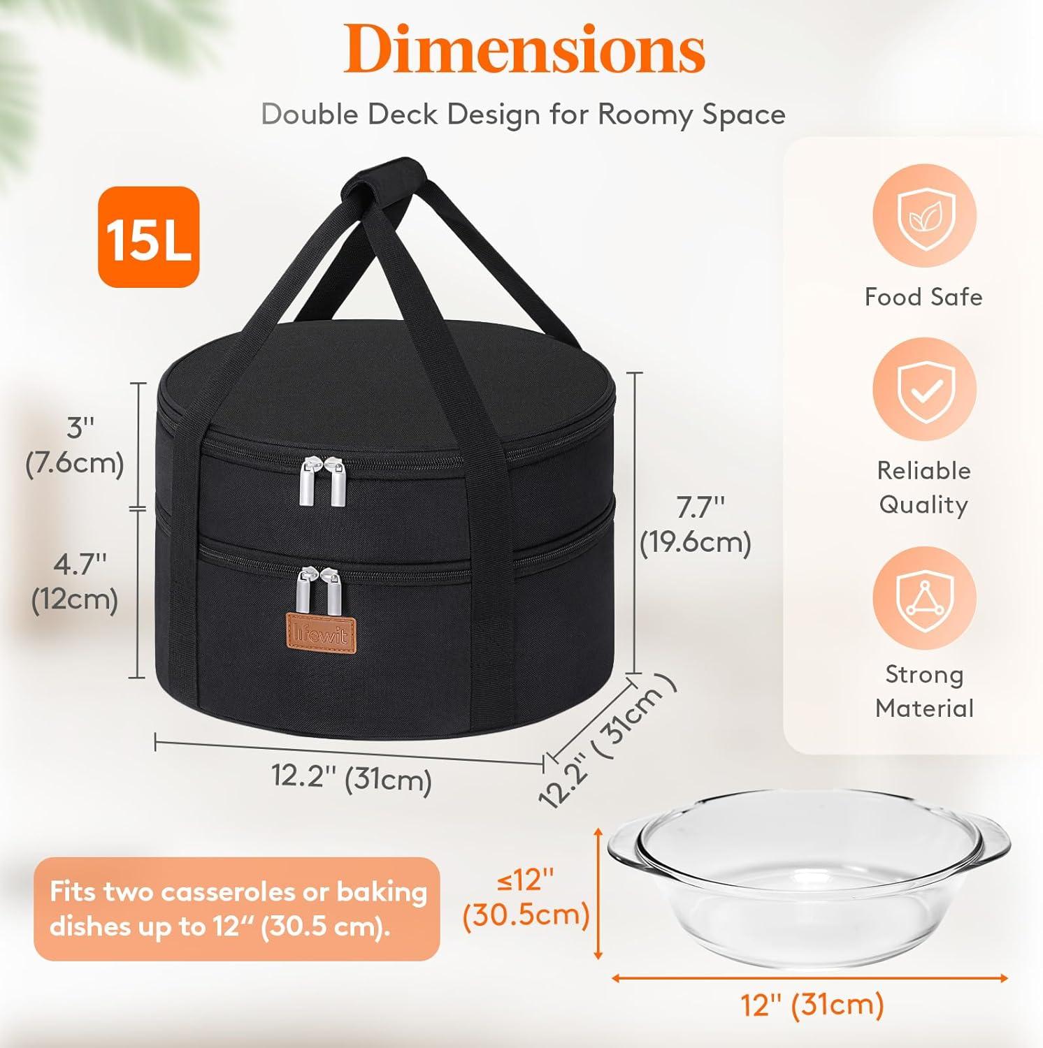image:imageLifewit Insulated Single Decker Round Casserole Carrier Portable Pie Carrier Bag for Hot or Cold Food Fits 125 Baking Dish Thermal Lunch Tote for Potluck Parties Picnic and Cookouts GreyBlack