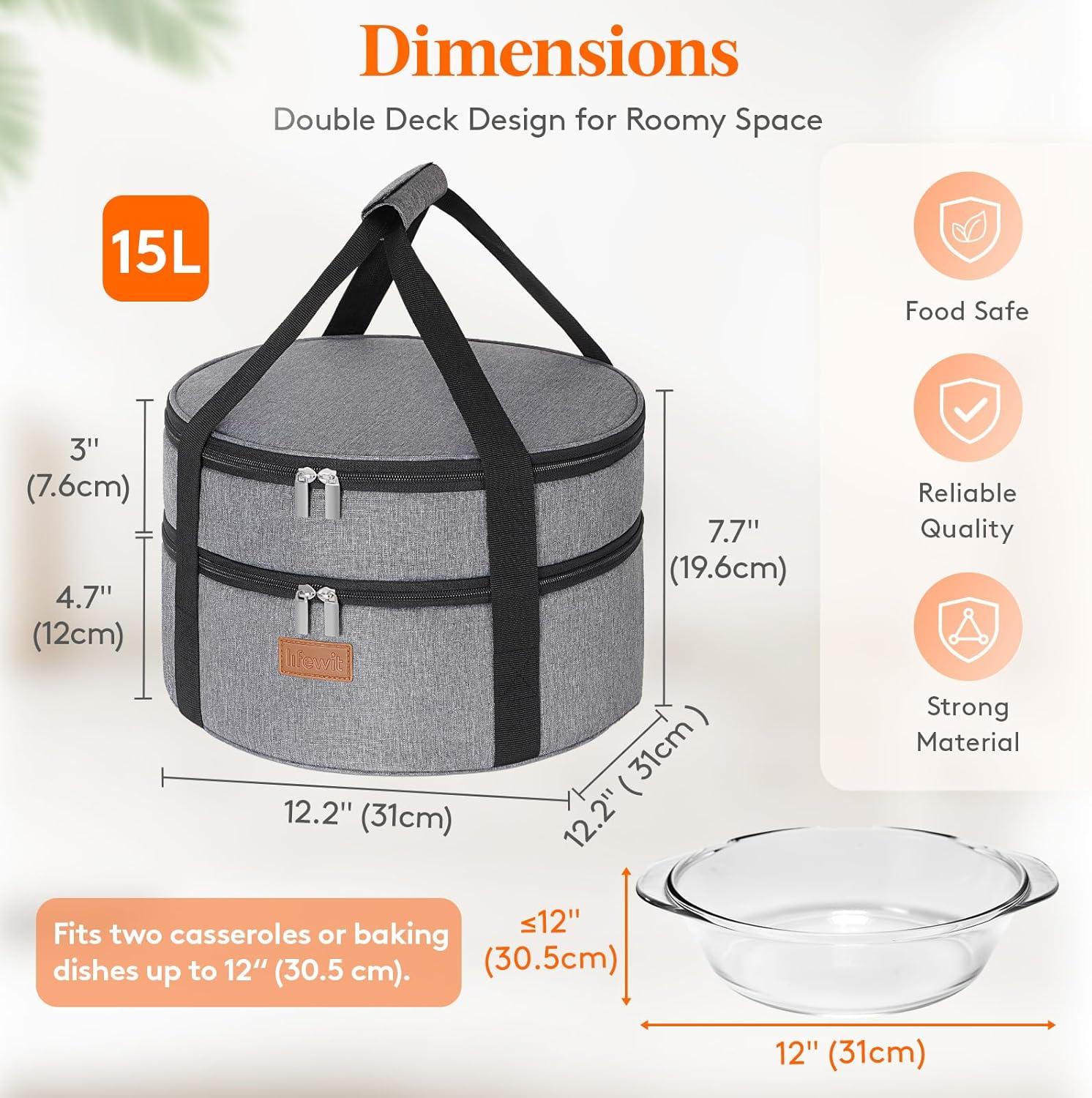 image:imageLifewit Insulated Single Decker Round Casserole Carrier Portable Pie Carrier Bag for Hot or Cold Food Fits 125 Baking Dish Thermal Lunch Tote for Potluck Parties Picnic and Cookouts GreyGray