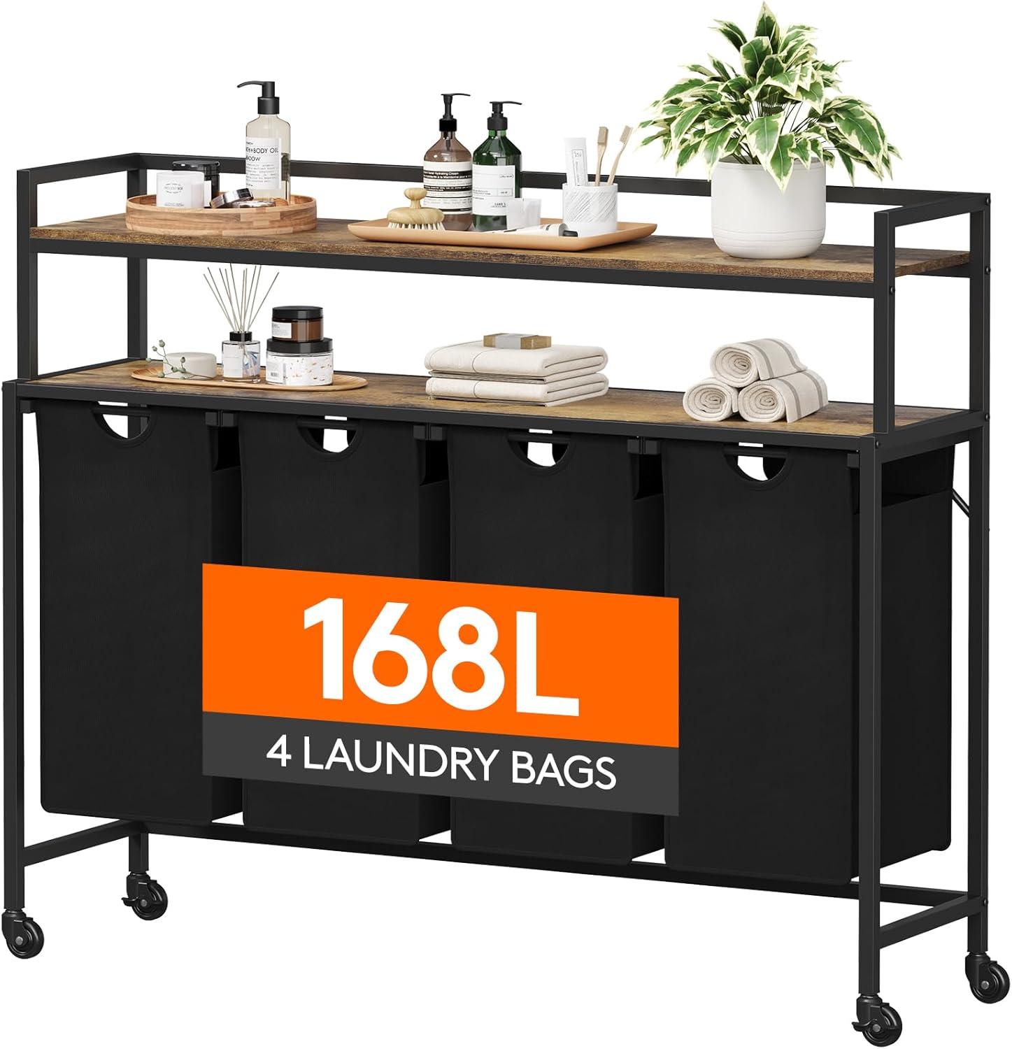 image:imageLifewit Laundry Hamper 4 Section 168L Pull out Laundry Clothes Basket Organizer with Large Top Shelf and 4 Removable Bags and Handles Laundry Sorter for Laundry Room Bedroom Bathroom BlackBlack
