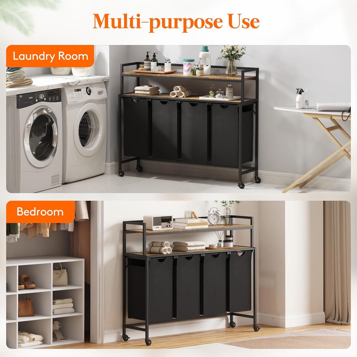 image:imageLifewit Laundry Hamper 4 Section 168L Pull out Laundry Clothes Basket Organizer with Large Top Shelf and 4 Removable Bags and Handles Laundry Sorter for Laundry Room Bedroom Bathroom BlackBlack