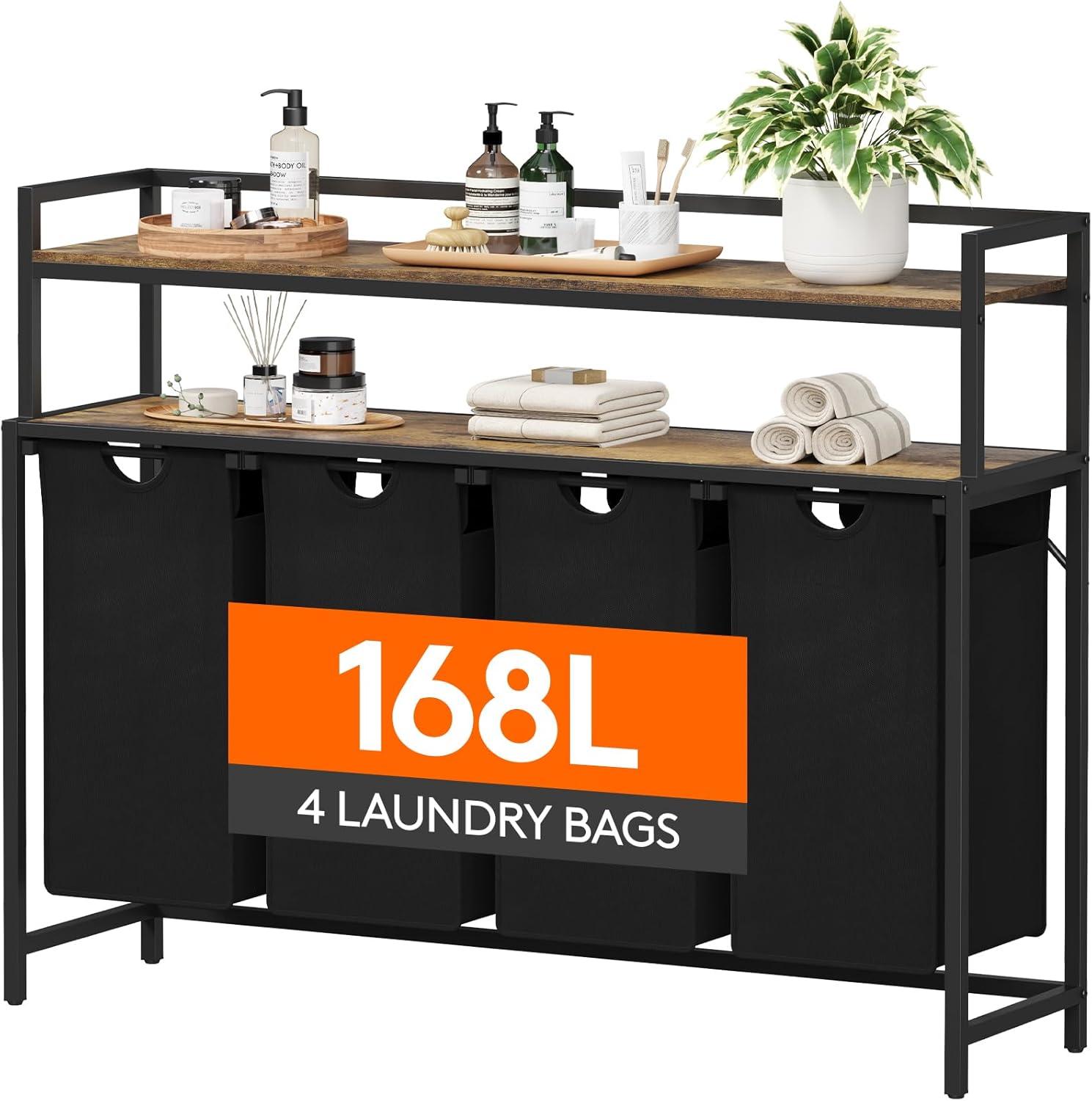 image:imageLifewit Laundry Hamper 4 Section 168L Pull out Laundry Clothes Basket Organizer with Large Top Shelf and 4 Removable Bags and Handles Laundry Sorter for Laundry Room Bedroom Bathroom BlackBlack