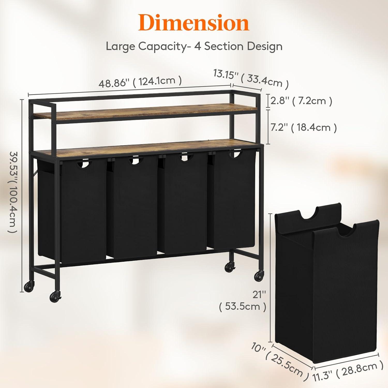 image:imageLifewit Laundry Hamper 4 Section 168L Pull out Laundry Clothes Basket Organizer with Large Top Shelf and 4 Removable Bags and Handles Laundry Sorter for Laundry Room Bedroom Bathroom BlackBlack