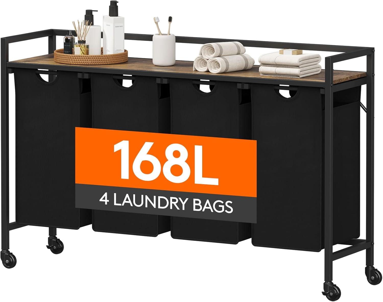 image:imageLifewit Laundry Hamper 4 Section 168L Pull out Laundry Clothes Basket Organizer with Large Top Shelf and 4 Removable Bags and Handles Laundry Sorter for Laundry Room Bedroom Bathroom BlackBlack