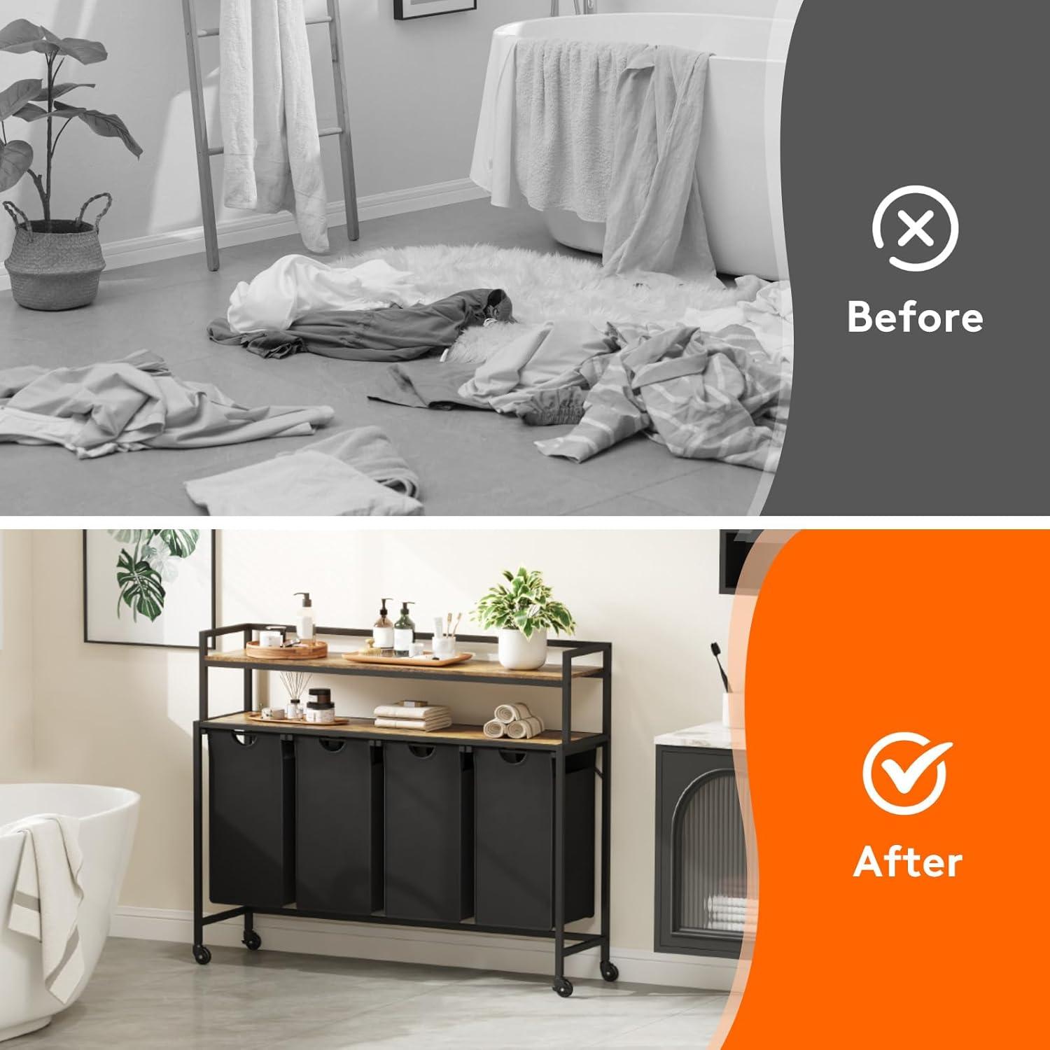 image:imageLifewit Laundry Hamper 4 Section 168L Pull out Laundry Clothes Basket Organizer with Large Top Shelf and 4 Removable Bags and Handles Laundry Sorter for Laundry Room Bedroom Bathroom BlackBlack