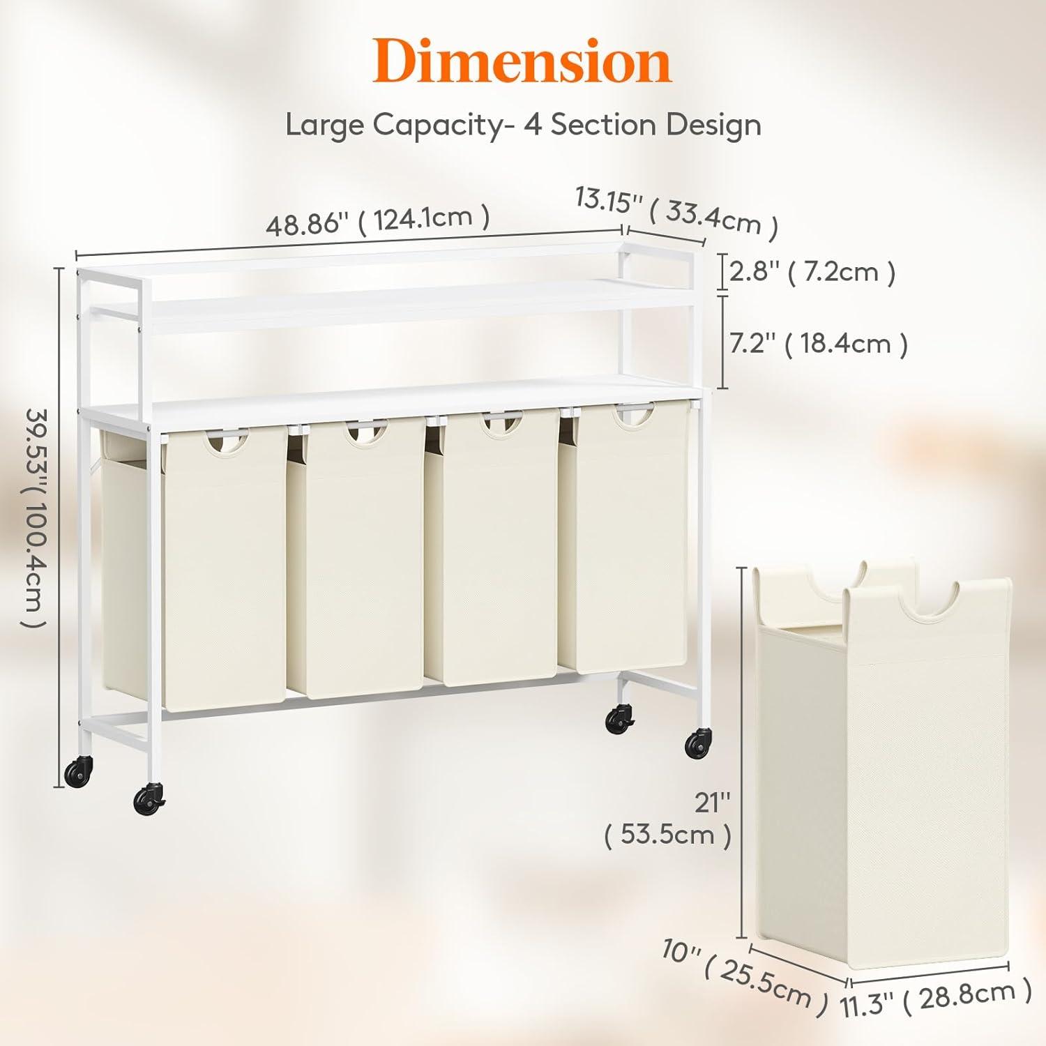 image:imageLifewit Laundry Hamper 4 Section 168L Pull out Laundry Clothes Basket Organizer with Large Top Shelf and 4 Removable Bags and Handles Laundry Sorter for Laundry Room Bedroom Bathroom BlackWhite