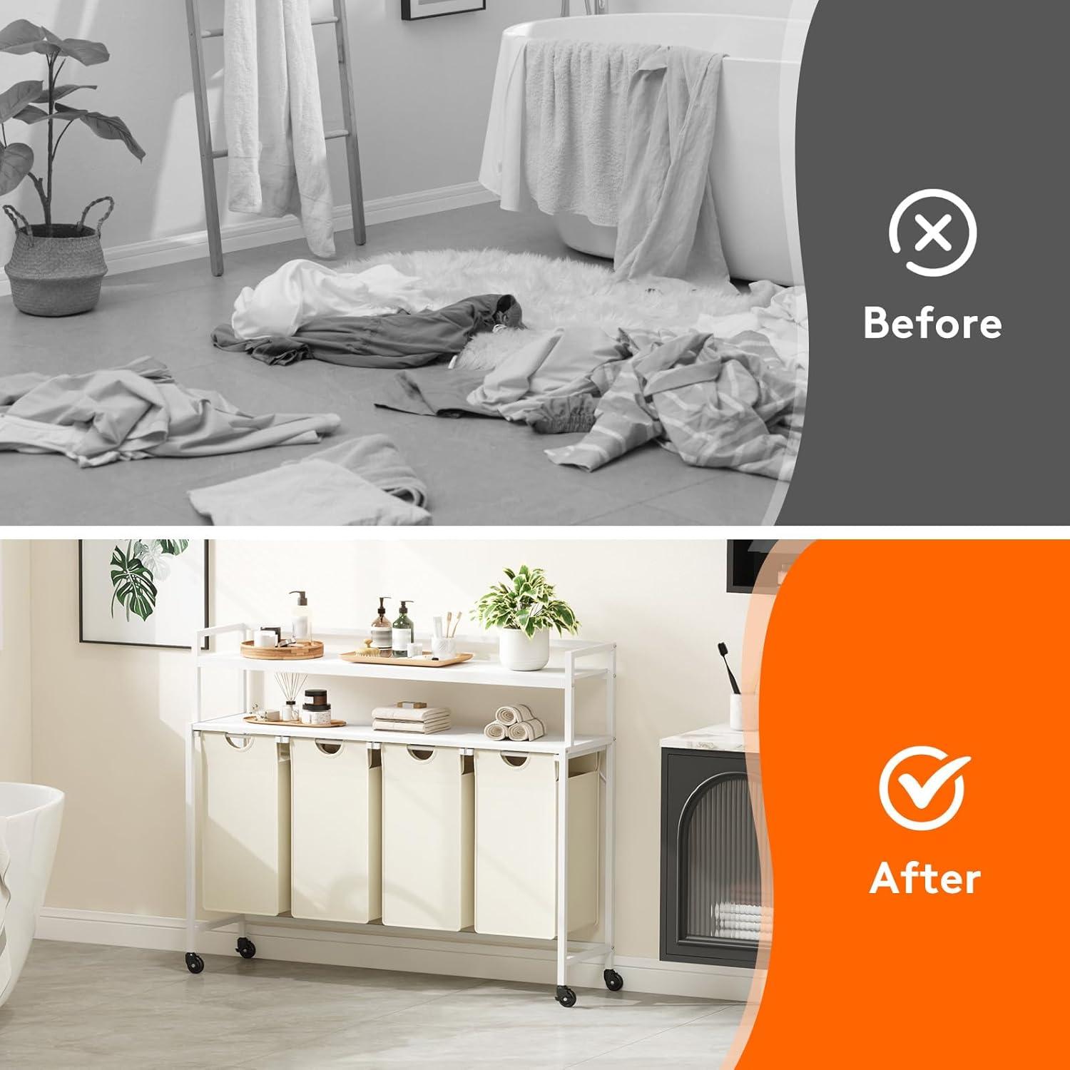image:imageLifewit Laundry Hamper 4 Section 168L Pull out Laundry Clothes Basket Organizer with Large Top Shelf and 4 Removable Bags and Handles Laundry Sorter for Laundry Room Bedroom Bathroom BlackWhite