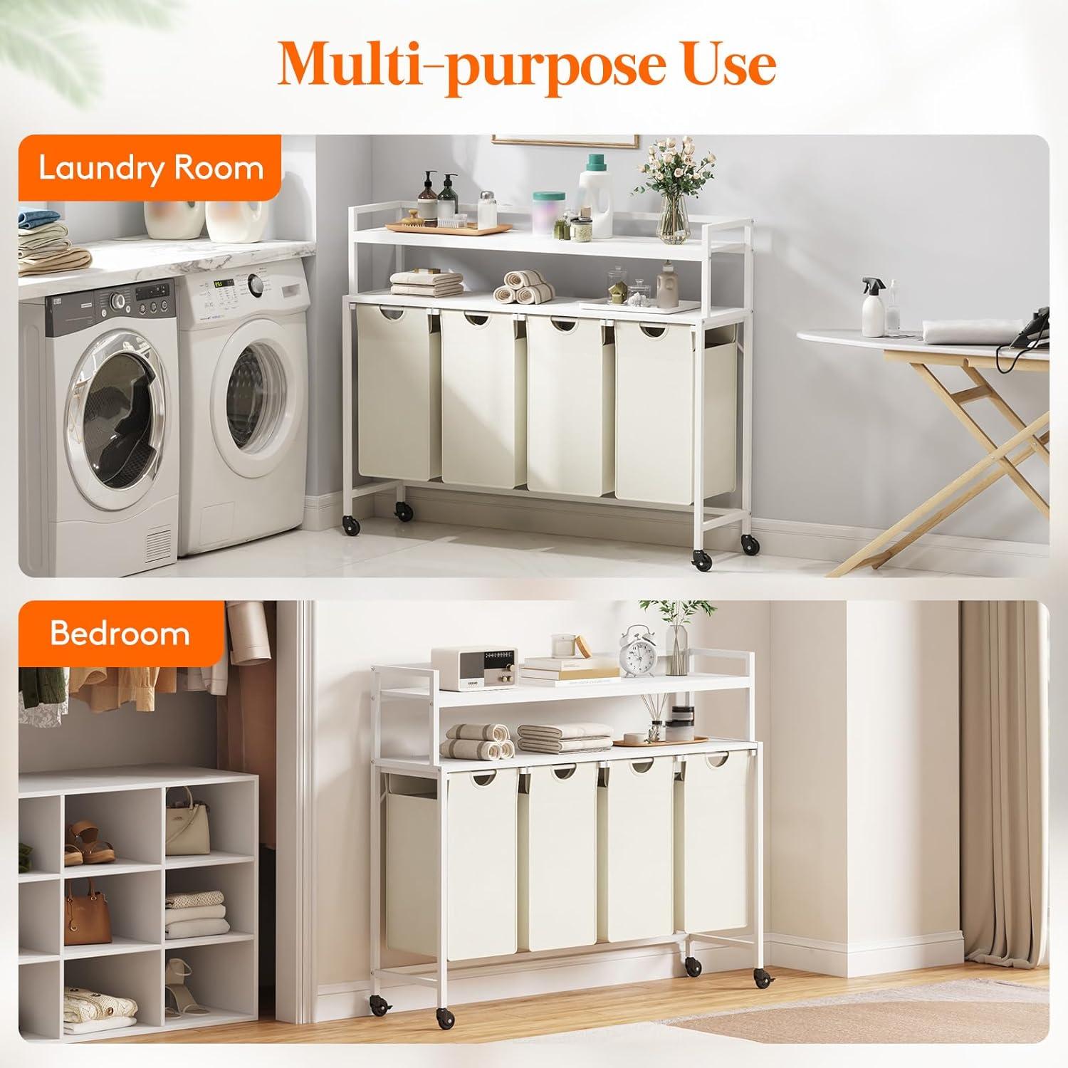 image:imageLifewit Laundry Hamper 4 Section 168L Pull out Laundry Clothes Basket Organizer with Large Top Shelf and 4 Removable Bags and Handles Laundry Sorter for Laundry Room Bedroom Bathroom BlackWhite