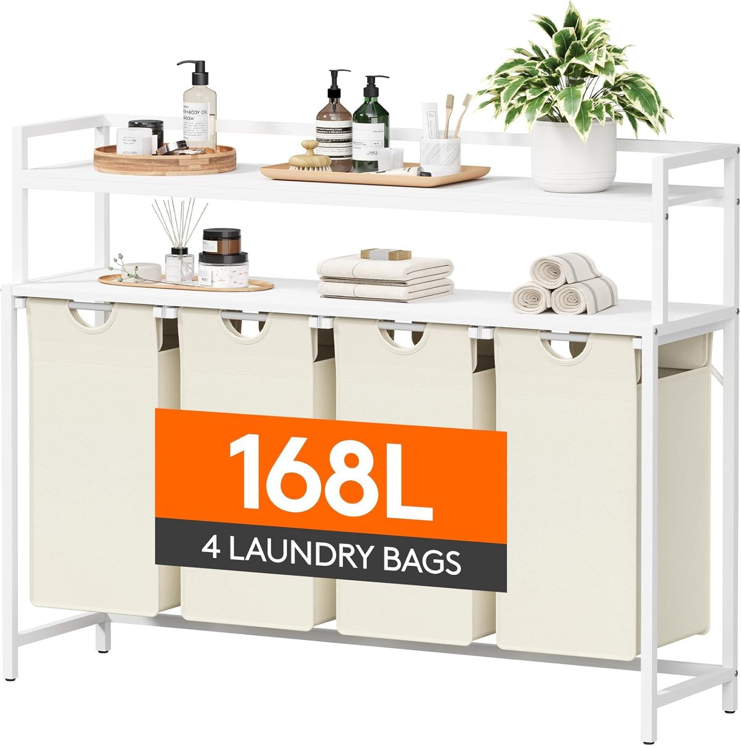 image:imageLifewit Laundry Hamper 4 Section 168L Pull out Laundry Clothes Basket Organizer with Large Top Shelf and 4 Removable Bags and Handles Laundry Sorter for Laundry Room Bedroom Bathroom BlackWhite