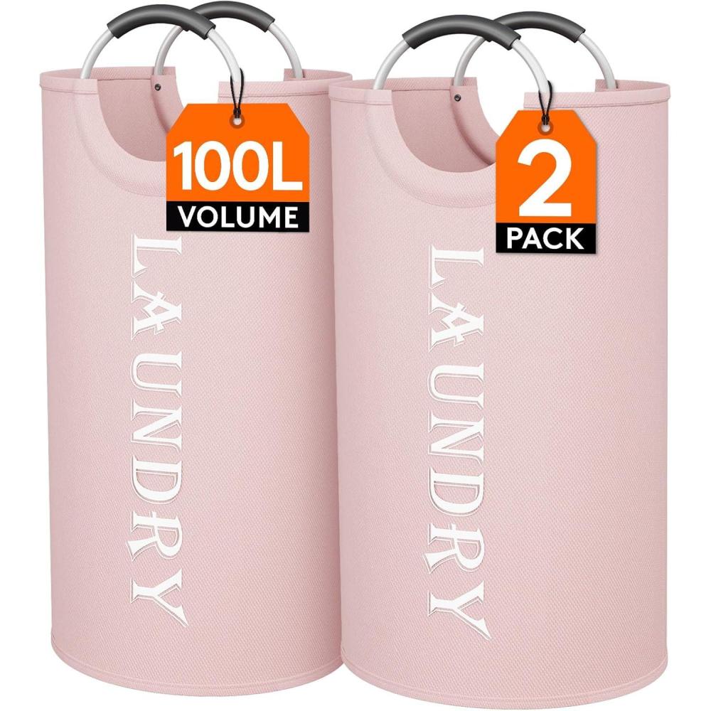 image:imageLifewit 100L 2Pack Large Laundry Basket Collapsible Laundry Hamper with Aluminum Handles Waterproof Freestanding Dirty Clothes Hampers for Laundry Room Bedroom Dorm Bathroom BlackPink