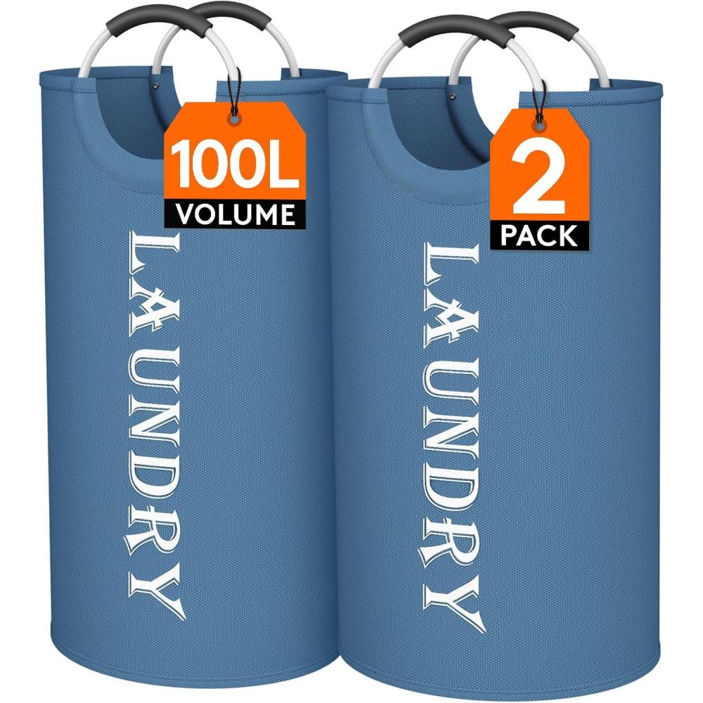 image:imageLifewit 100L 2Pack Large Laundry Basket Collapsible Laundry Hamper with Aluminum Handles Waterproof Freestanding Dirty Clothes Hampers for Laundry Room Bedroom Dorm Bathroom BlackBlue