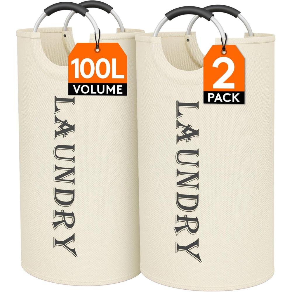 image:imageLifewit 100L 2Pack Large Laundry Basket Collapsible Laundry Hamper with Aluminum Handles Waterproof Freestanding Dirty Clothes Hampers for Laundry Room Bedroom Dorm Bathroom BlackWhite