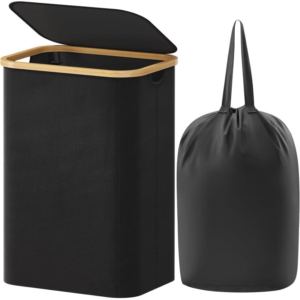 image:imageLifewit 100L Laundry Basket with Lid Clothes Hampers for Laundry with Bamboo Handles and A Removable Bag Large Foldable Laundry Hamper for Bedroom Bathroom Dorm Laundry Room BeigeBlack