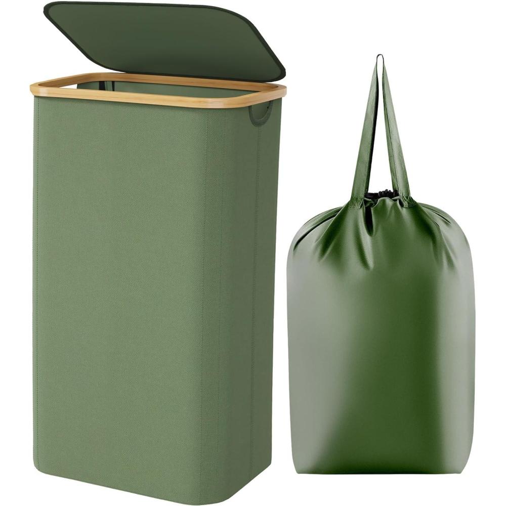 image:imageLifewit 100L Laundry Basket with Lid Clothes Hampers for Laundry with Bamboo Handles and A Removable Bag Large Foldable Laundry Hamper for Bedroom Bathroom Dorm Laundry Room BeigeGreen