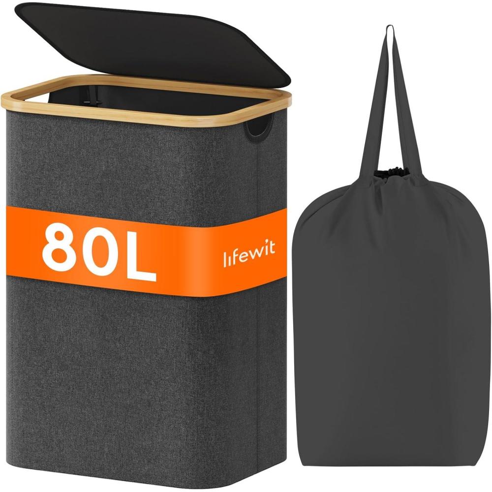 image:imageLifewit 100L Laundry Basket with Lid Clothes Hampers for Laundry with Bamboo Handles and A Removable Bag Large Foldable Laundry Hamper for Bedroom Bathroom Dorm Laundry Room BeigeDark Gray