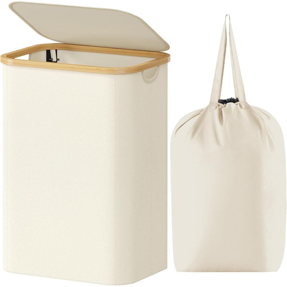 image:imageLifewit 100L Laundry Basket with Lid Clothes Hampers for Laundry with Bamboo Handles and A Removable Bag Large Foldable Laundry Hamper for Bedroom Bathroom Dorm Laundry Room BeigeWhite
