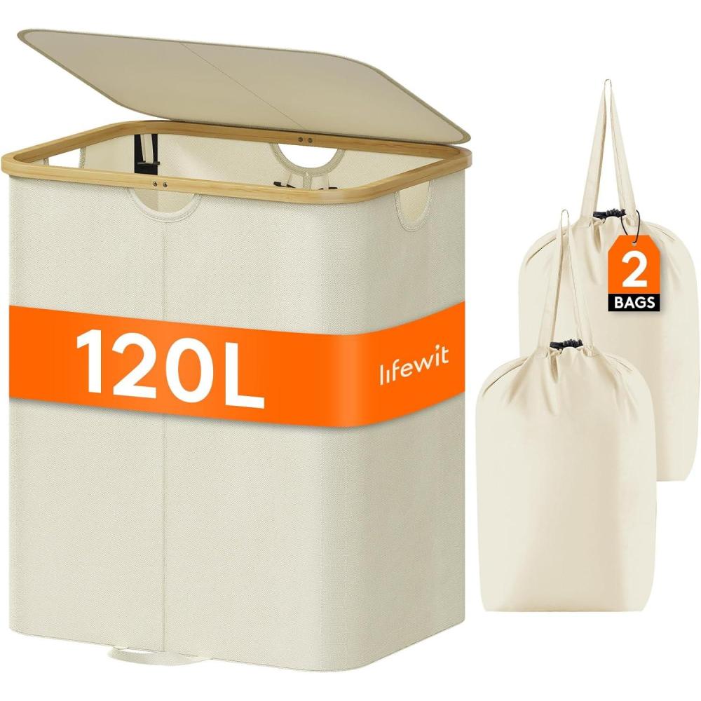 image:imageLifewit 120L Double Laundry Hamper with Lid Large Dual Laundry Basket Removable Bags 2 Sections Aesthetic Clothes Hampers for Laundry with Bamboo Handles for Bedroom Bathroom Dorm BlackBeige