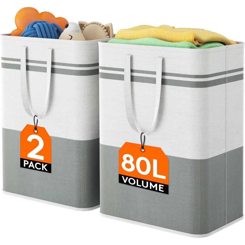 image:imageLifewit 2 Pack 80L Large Freestanding Laundry Hamper Collapsible Laundry Basket with Easy Carry Handles Waterproof Tall Clothes Hamper for Laundry Dorm Bedroom Bathroom GreyWhite2