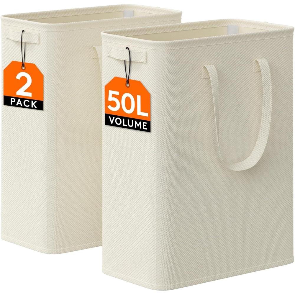 image:imageLifewit 2 Pack Slim Laundry Hamper Collapsible Narrow Laundry Basket Small Tall Dirty Clothes Hampers with Handles for Bathroom Bedroom College Dorm Black 50LWhite