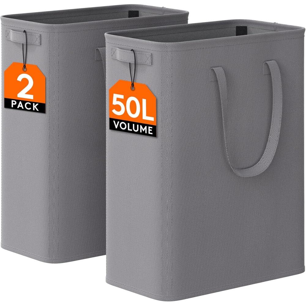 image:imageLifewit 2 Pack Slim Laundry Hamper Collapsible Narrow Laundry Basket Small Tall Dirty Clothes Hampers with Handles for Bathroom Bedroom College Dorm Black 50LGray