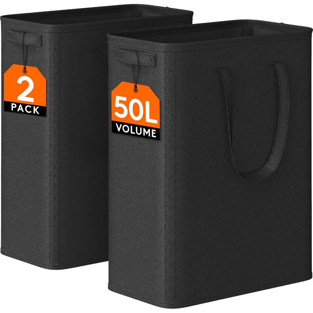 image:imageLifewit 2 Pack Slim Laundry Hamper Collapsible Narrow Laundry Basket Small Tall Dirty Clothes Hampers with Handles for Bathroom Bedroom College Dorm Black 50LBlack