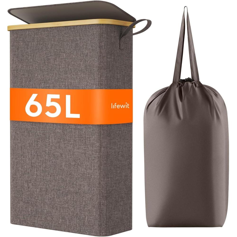 image:imageLifewit 65L Slim Laundry Hamper with Lid Narrow Laundry Basket with Removable Bag amp Bamboo Handles Fodable Thin Dirty Clothes Hamper for Laundry Collapsible Bin for Bathroom Bedroom Dorm Dark GrayBrown