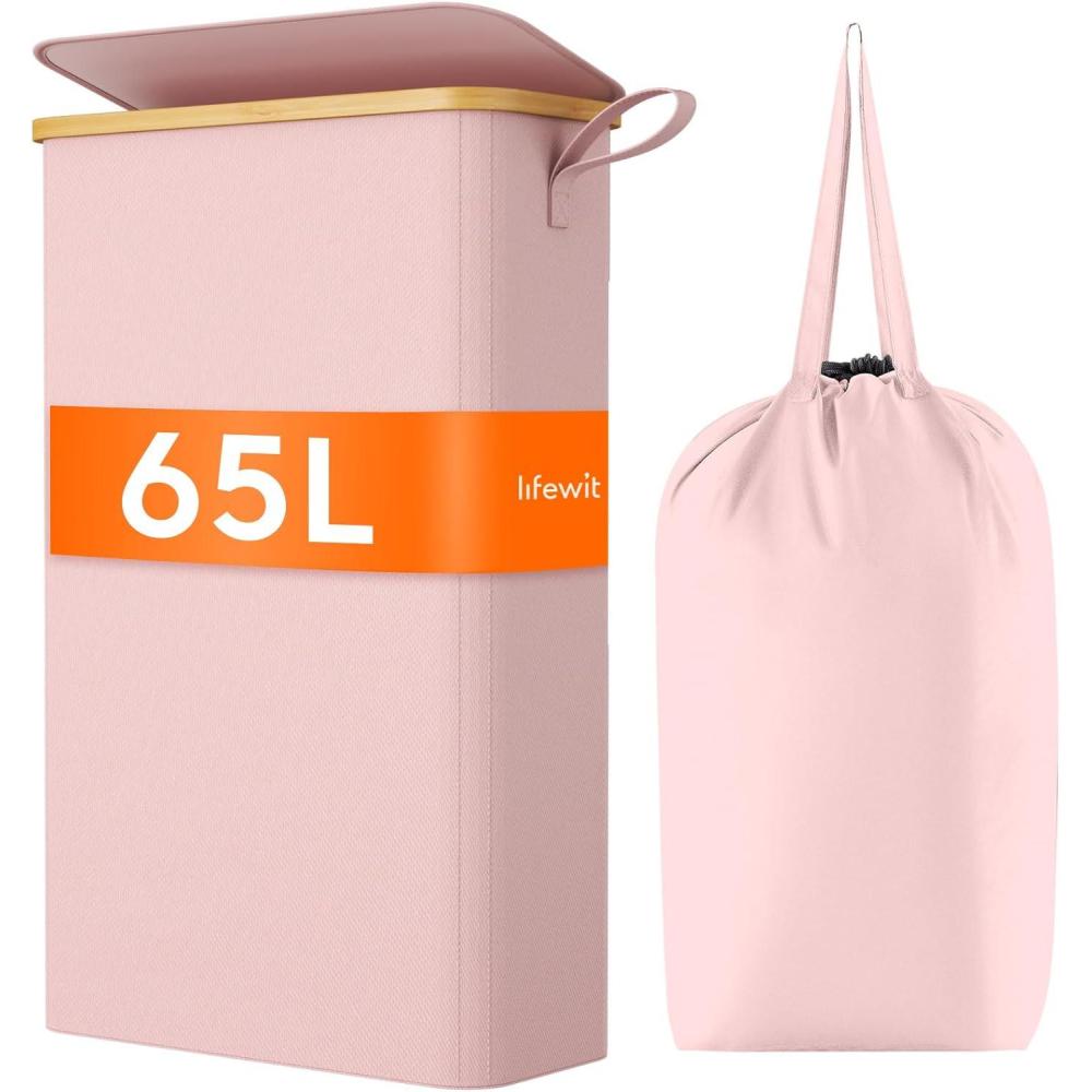 image:imageLifewit 65L Slim Laundry Hamper with Lid Narrow Laundry Basket with Removable Bag amp Bamboo Handles Fodable Thin Dirty Clothes Hamper for Laundry Collapsible Bin for Bathroom Bedroom Dorm Dark GrayPink
