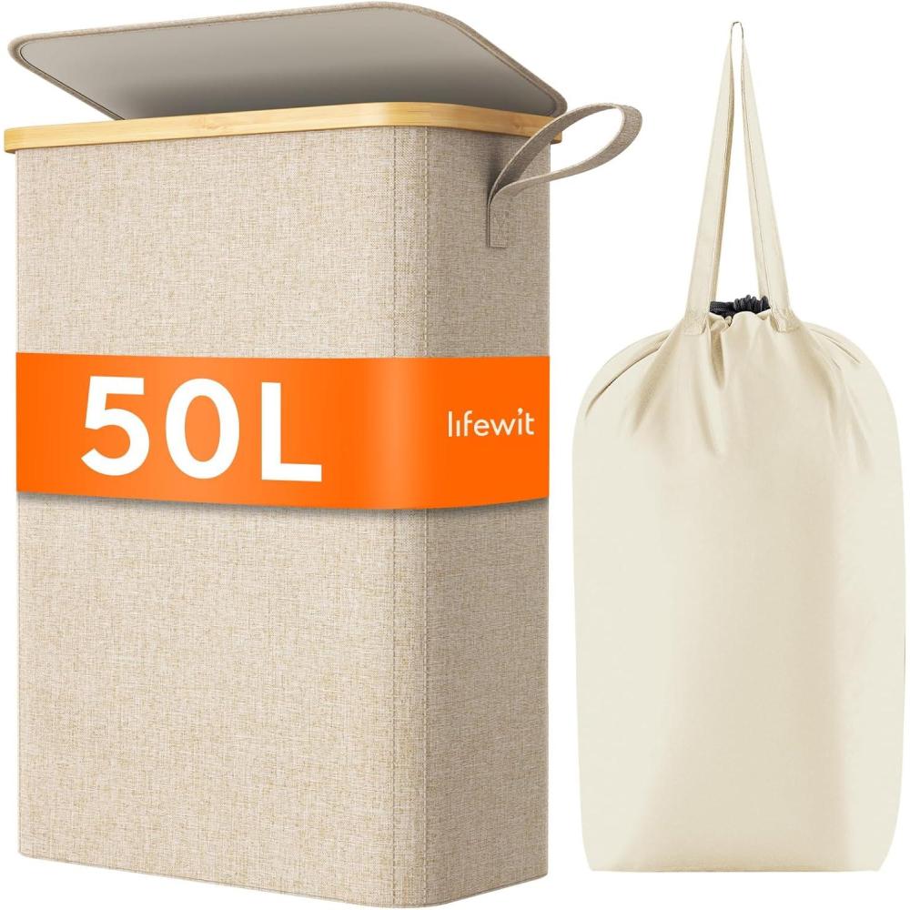 image:imageLifewit 65L Slim Laundry Hamper with Lid Narrow Laundry Basket with Removable Bag amp Bamboo Handles Fodable Thin Dirty Clothes Hamper for Laundry Collapsible Bin for Bathroom Bedroom Dorm Dark GrayBeige