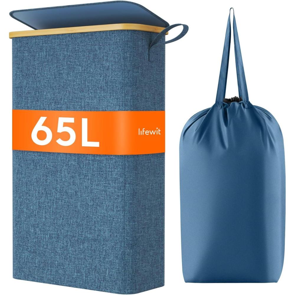 image:imageLifewit 65L Slim Laundry Hamper with Lid Narrow Laundry Basket with Removable Bag amp Bamboo Handles Fodable Thin Dirty Clothes Hamper for Laundry Collapsible Bin for Bathroom Bedroom Dorm Dark GrayDark Blue