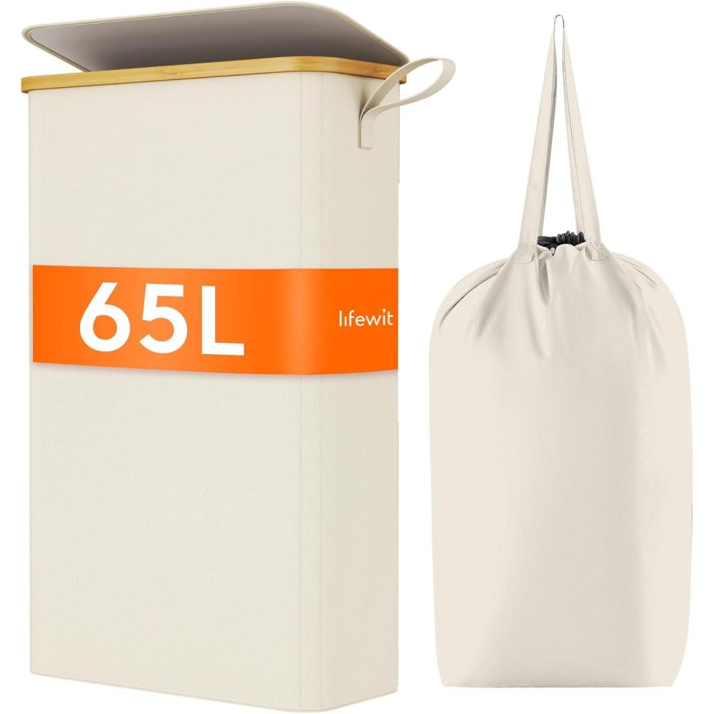 image:imageLifewit 65L Slim Laundry Hamper with Lid Narrow Laundry Basket with Removable Bag amp Bamboo Handles Fodable Thin Dirty Clothes Hamper for Laundry Collapsible Bin for Bathroom Bedroom Dorm Dark GrayWhite