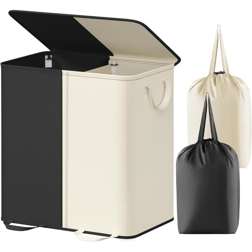 image:imageLifewit Double Laundry Hamper with Lid and Removable Laundry Bags Large Collapsible 2 Dividers Dirty Clothes Basket with Handles for Bedroom Laundry Room Closet Bathroom College 136L GrayWhiteblack