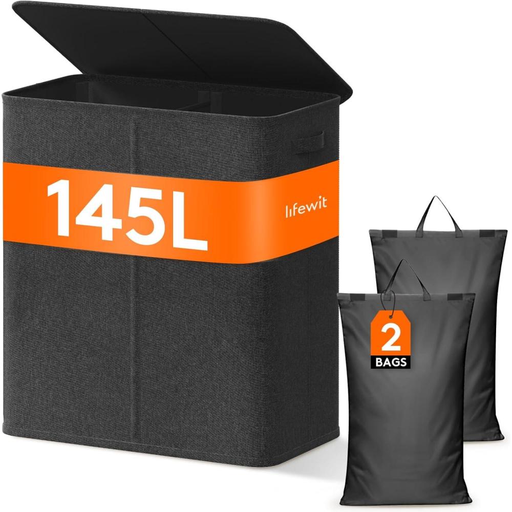 image:imageLifewit Double Laundry Hamper with Lid and Removable Laundry Bags Large Collapsible 2 Dividers Dirty Clothes Basket with Handles for Bedroom Laundry Room Closet Bathroom College 136L GrayDark Gray
