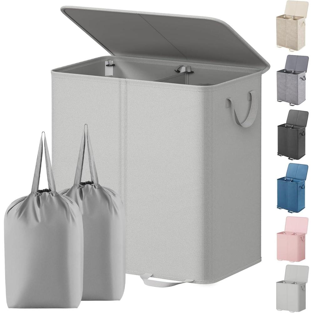 image:imageLifewit Double Laundry Hamper with Lid and Removable Laundry Bags Large Collapsible 2 Dividers Dirty Clothes Basket with Handles for Bedroom Laundry Room Closet Bathroom College 136L GraySilver Gray