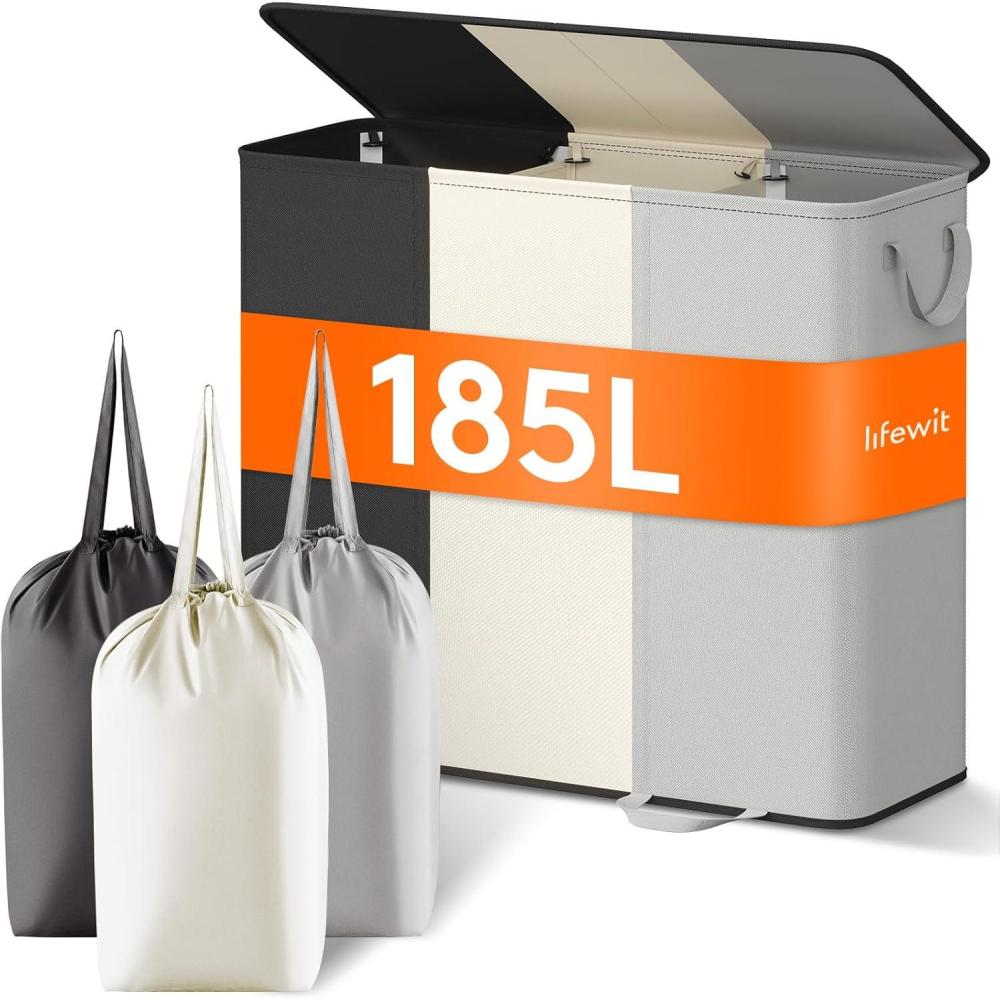 image:imageLifewit Double Laundry Hamper with Lid and Removable Laundry Bags Large Collapsible 2 Dividers Dirty Clothes Basket with Handles for Bedroom Laundry Room Closet Bathroom College 136L GrayBlackWhiteGrey