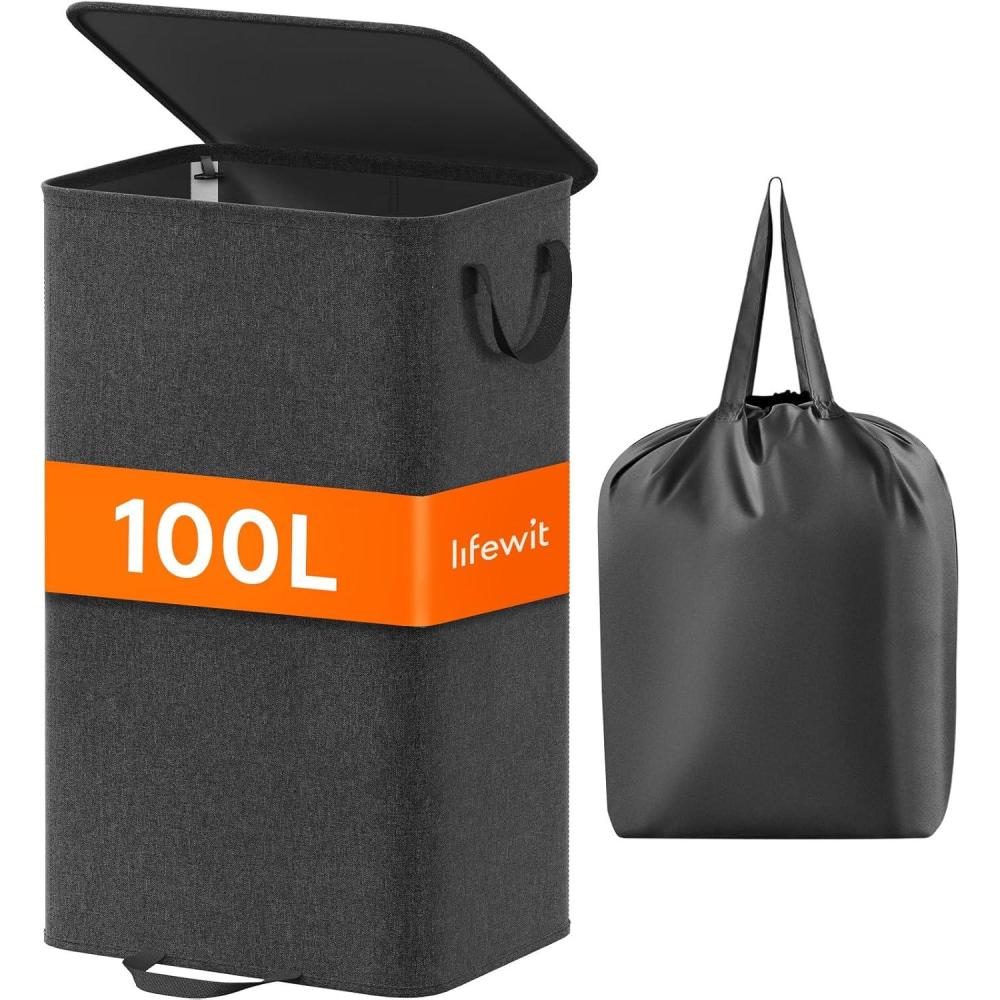 image:imageLifewit Double Laundry Hamper with Lid and Removable Laundry Bags Large Collapsible 2 Dividers Dirty Clothes Basket with Handles for Bedroom Laundry Room Closet Bathroom College 136L GrayBlack