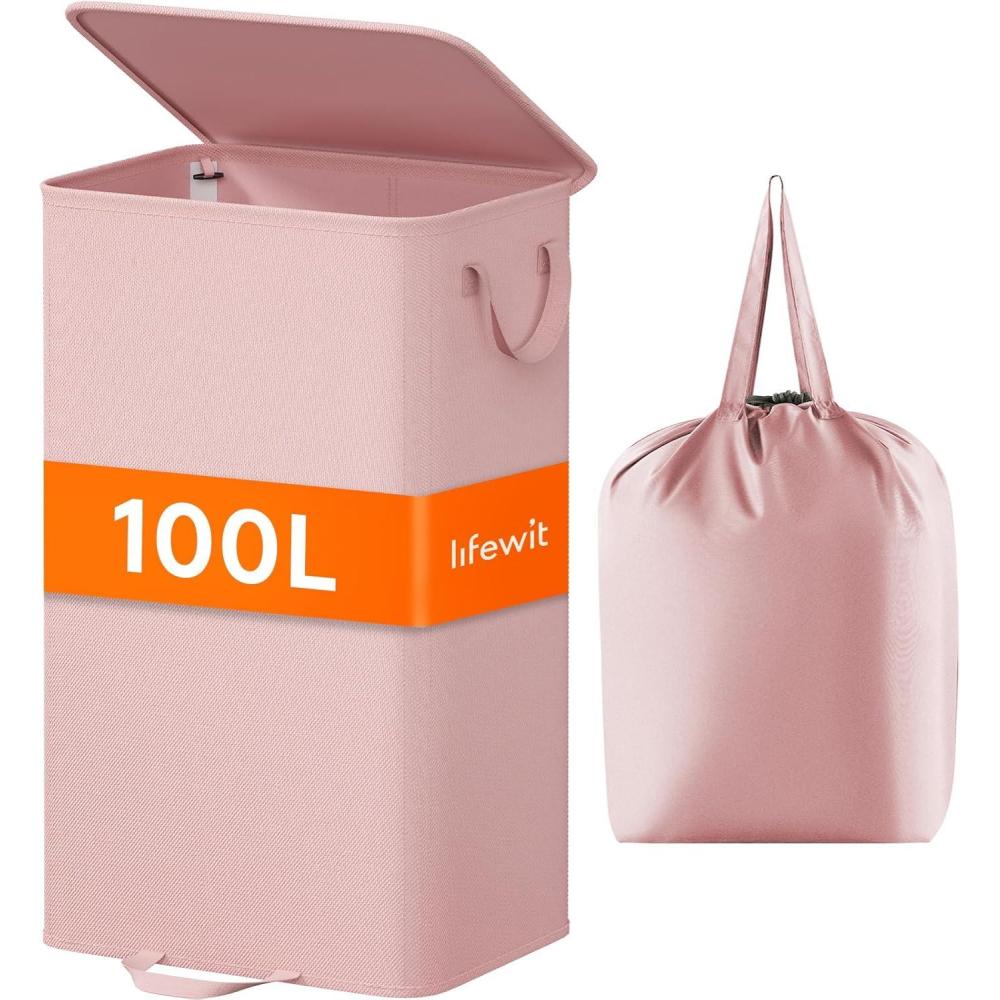 image:imageLifewit Double Laundry Hamper with Lid and Removable Laundry Bags Large Collapsible 2 Dividers Dirty Clothes Basket with Handles for Bedroom Laundry Room Closet Bathroom College 136L GrayPink