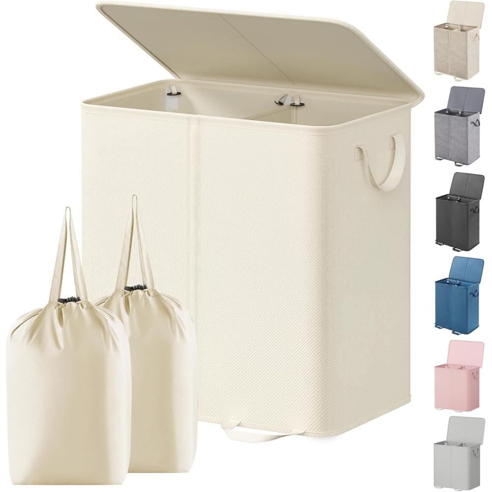image:imageLifewit Double Laundry Hamper with Lid and Removable Laundry Bags Large Collapsible 2 Dividers Dirty Clothes Basket with Handles for Bedroom Laundry Room Closet Bathroom College 136L GrayIvory White