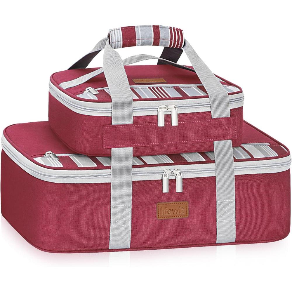 image:imageLifewit Duo Insulated Casserole Carrier for Hot or Cold Food Lasagna Holder 2 Compartments Thermal Lunch Tote for Potluck Parties Cookouts Fits 9x13 Casserole Dish GrayRed