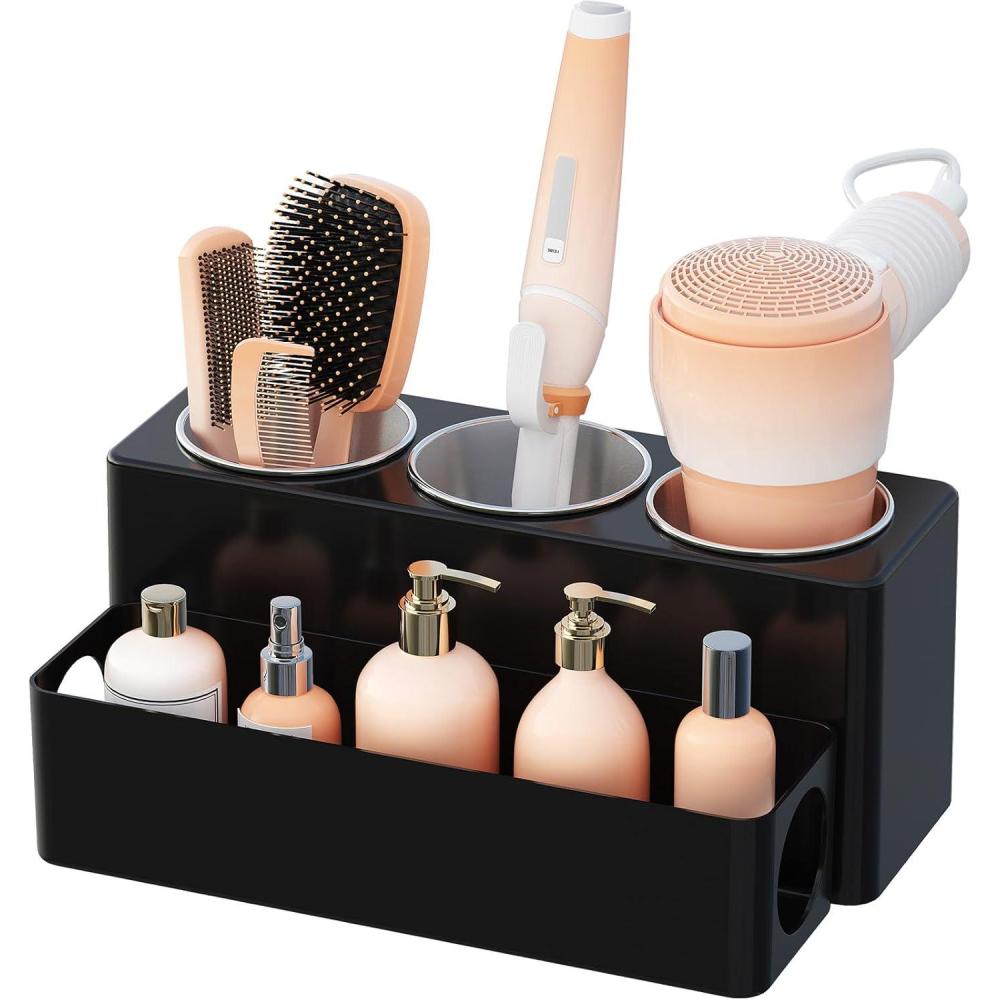 image:imageLifewit Hair Tool Organizer Countertop Removable Blow Dryer Holder for Bathroom Vanity Acrylic Hot Tools Organizer Storage for Hair Dryer Curling Iron Brush Straightener 3 Stainless Cups WhiteBlack