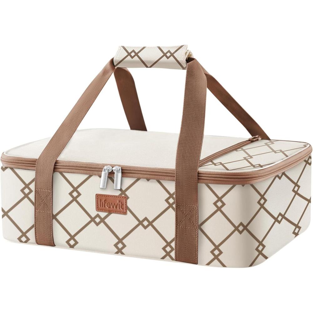 image:imageLifewit Insulated Single Decker Casserole Carrier Lasagna Lugger Holder for Hot or Cold Food Fits 9 x 13 Baking Dish Thermal Lunch Tote Bag for Potluck Parties Picnic and Cookouts BlackBeige