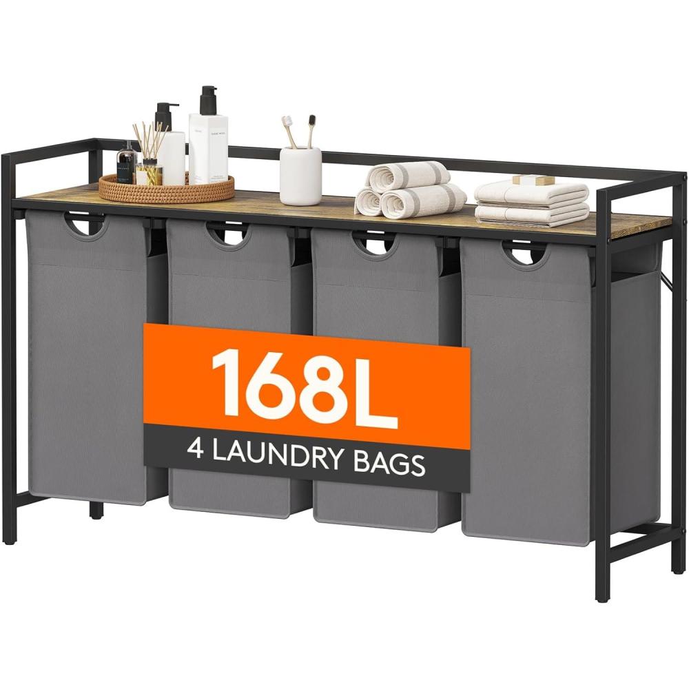 image:imageLifewit Laundry Hamper 4 Section 168L Pull out Laundry Clothes Basket Organizer with Large Top Shelf and 4 Removable Bags and Handles Laundry Sorter for Laundry Room Bedroom Bathroom BlackGray