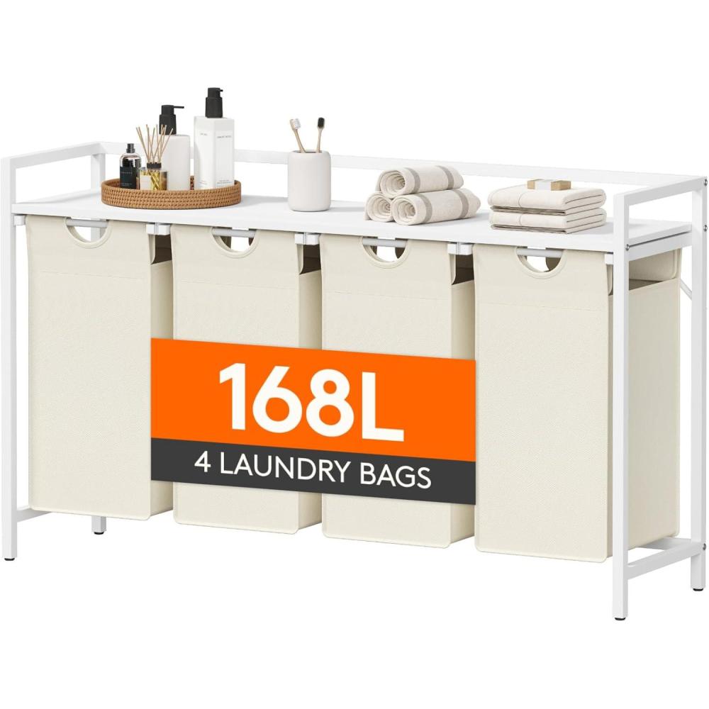 image:imageLifewit Laundry Hamper 4 Section 168L Pull out Laundry Clothes Basket Organizer with Large Top Shelf and 4 Removable Bags and Handles Laundry Sorter for Laundry Room Bedroom Bathroom BlackWhite