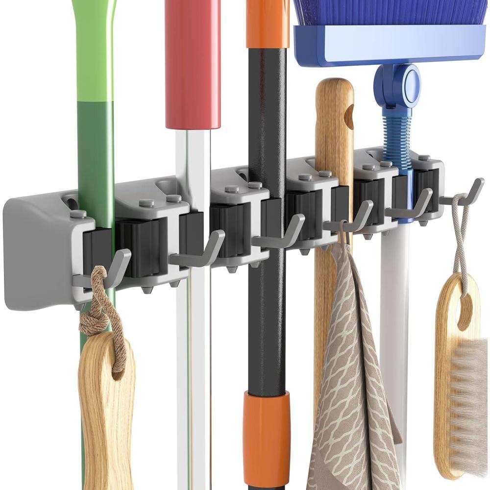 image:imageLifewit Mop and Broom Holder Wall Mount AntiSlip Broom Hanger for Kitchen Organization Heavy Duty Cleaning Supplies Organizer Easy Install Tool Organizer for Closet Garage 5 Slot 6 Hooks BlackGray