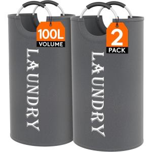 Lifewit 100L 2-Pack Large Laundry Basket, Collapsible Laundry Hamper with Aluminum Handles, Waterproof Freestanding Dirty Clothes Hampers for Laundry Room Bedroom Dorm Bathroom, Black(Grey)